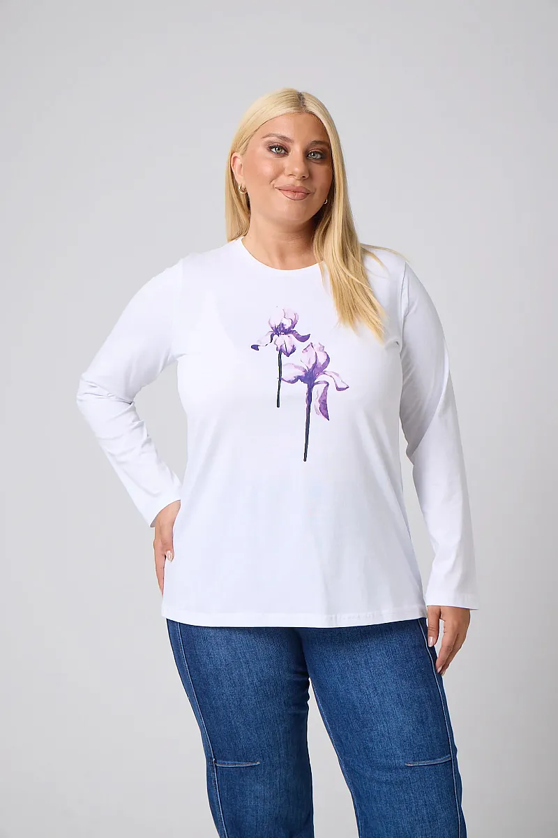 Μακρυμάνικο T-Shirt Λευκό Με Λιλά Στάμπα