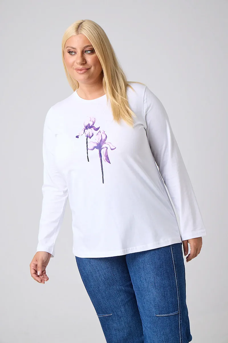 Μακρυμάνικο T-Shirt Λευκό Με Λιλά Στάμπα