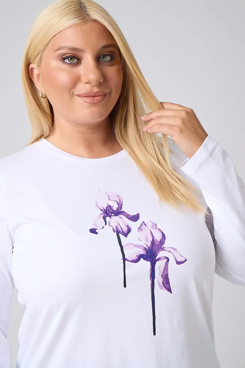 Μακρυμάνικο T-Shirt Λευκό Με Λιλά Στάμπα