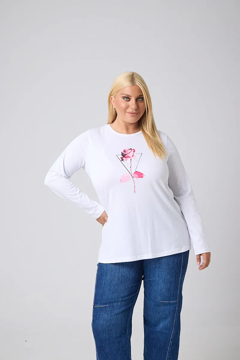 Μακρυμάνικο T-Shirt Λευκό Με Φούξια Στάμπα