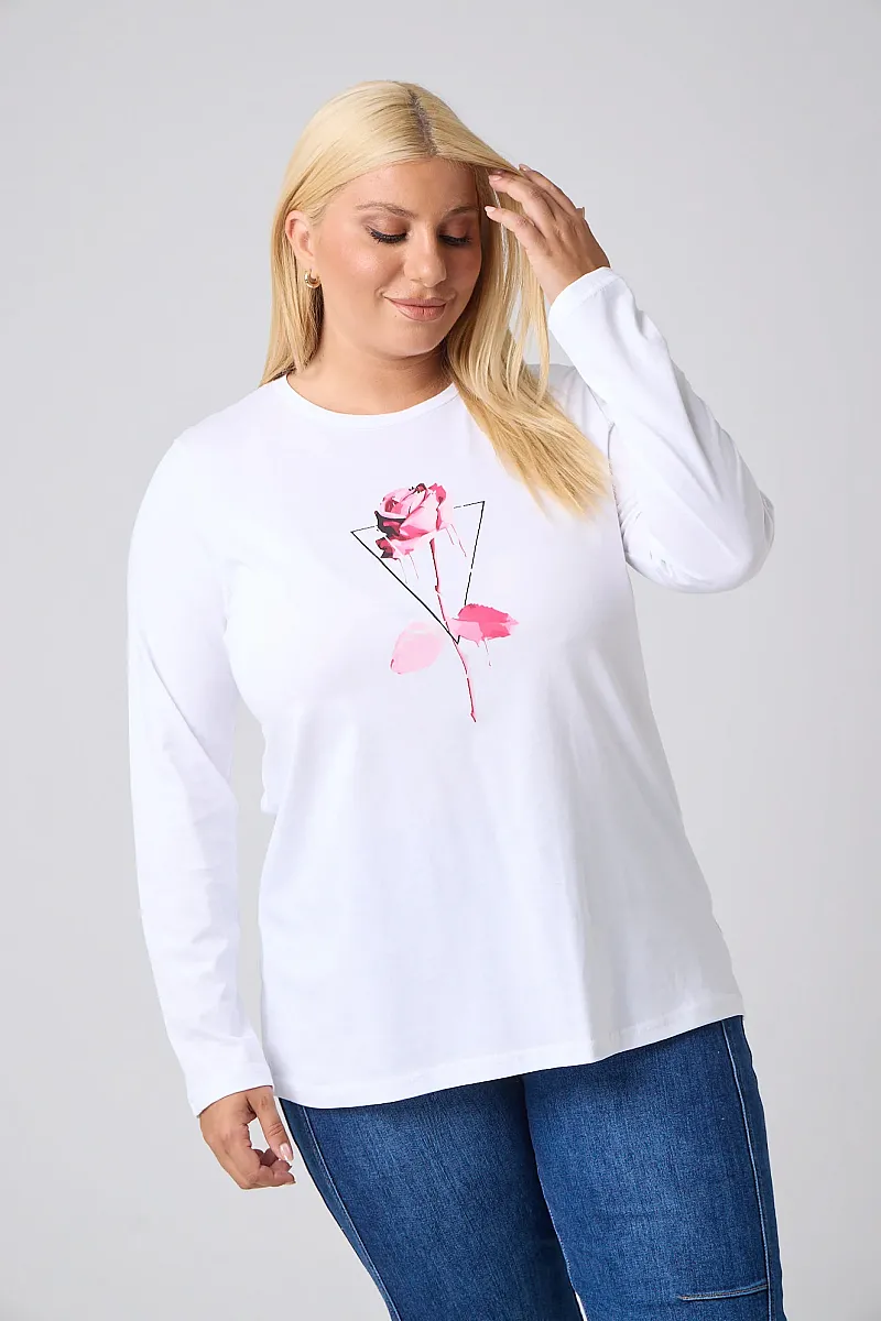 Μακρυμάνικο T-Shirt Λευκό Με Φούξια Στάμπα