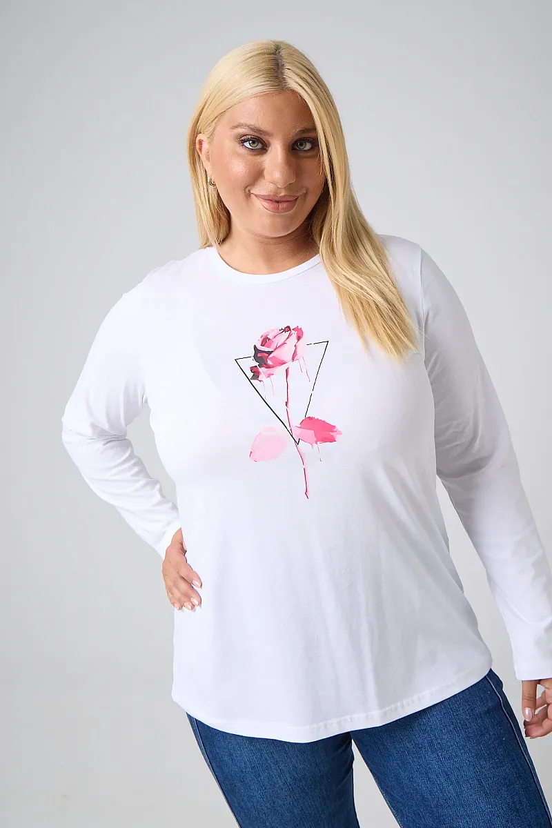 Μακρυμάνικο T-Shirt Λευκό Με Φούξια Στάμπα