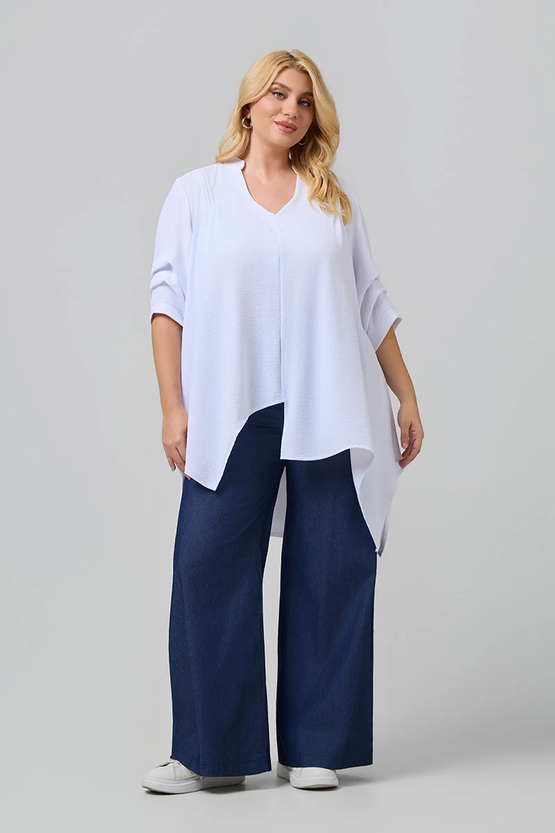 Ασύμμετρη Λευκή Πουκαμίσα Plus Size