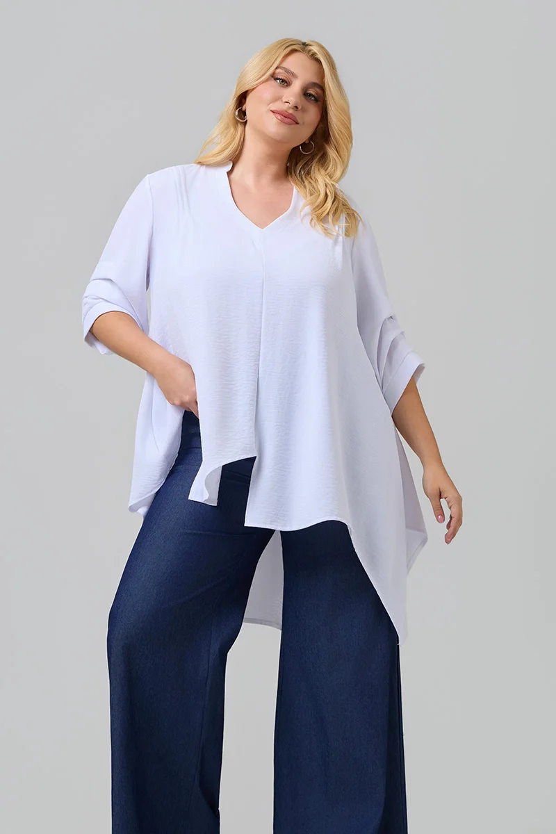 Ασύμμετρη Λευκή Πουκαμίσα Plus Size