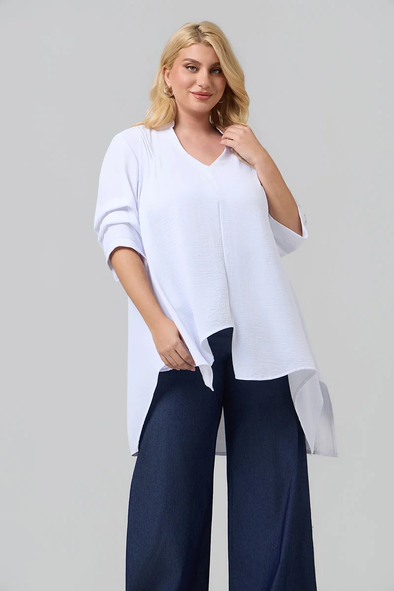 Ασύμμετρη Λευκή Πουκαμίσα Plus Size