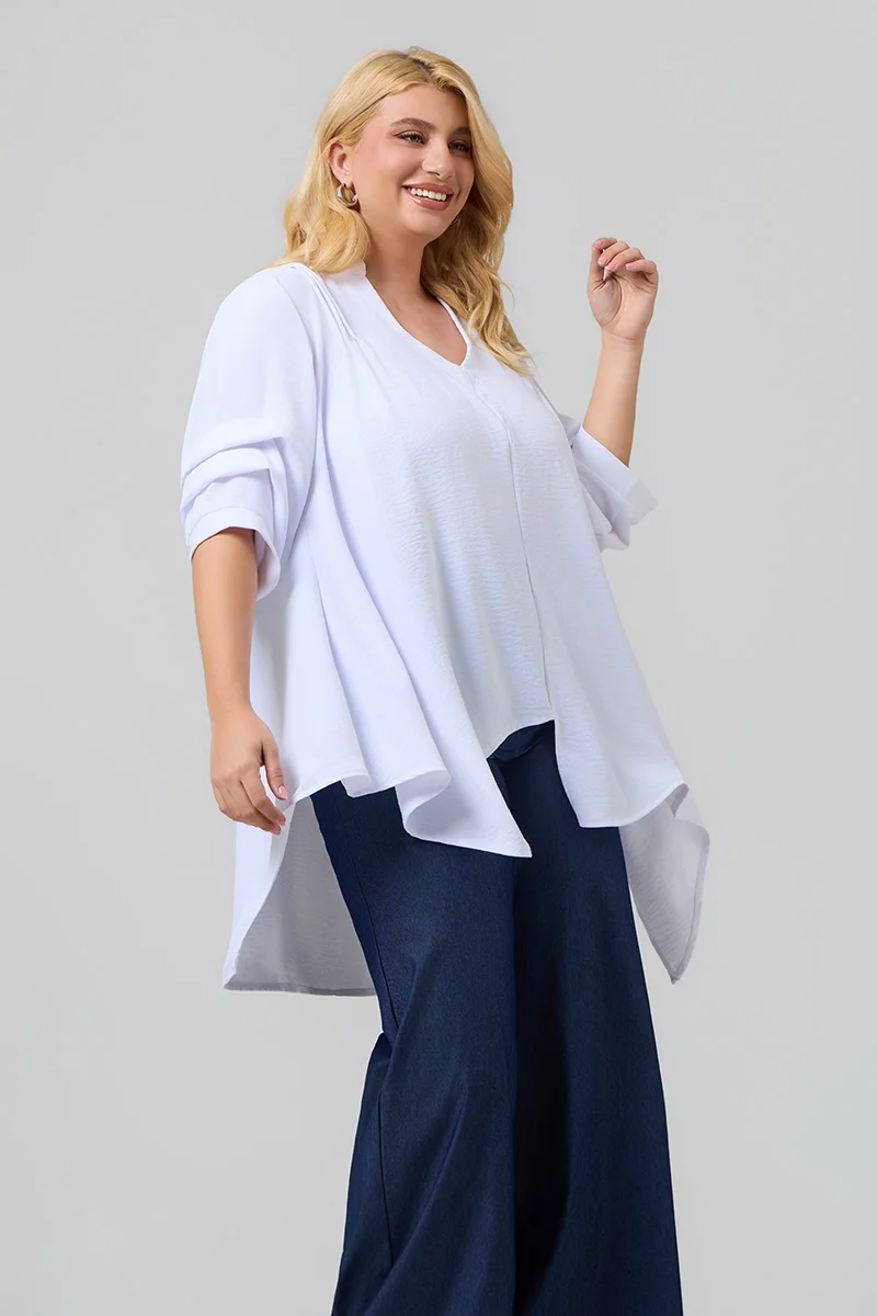 Ασύμμετρη Λευκή Πουκαμίσα Plus Size