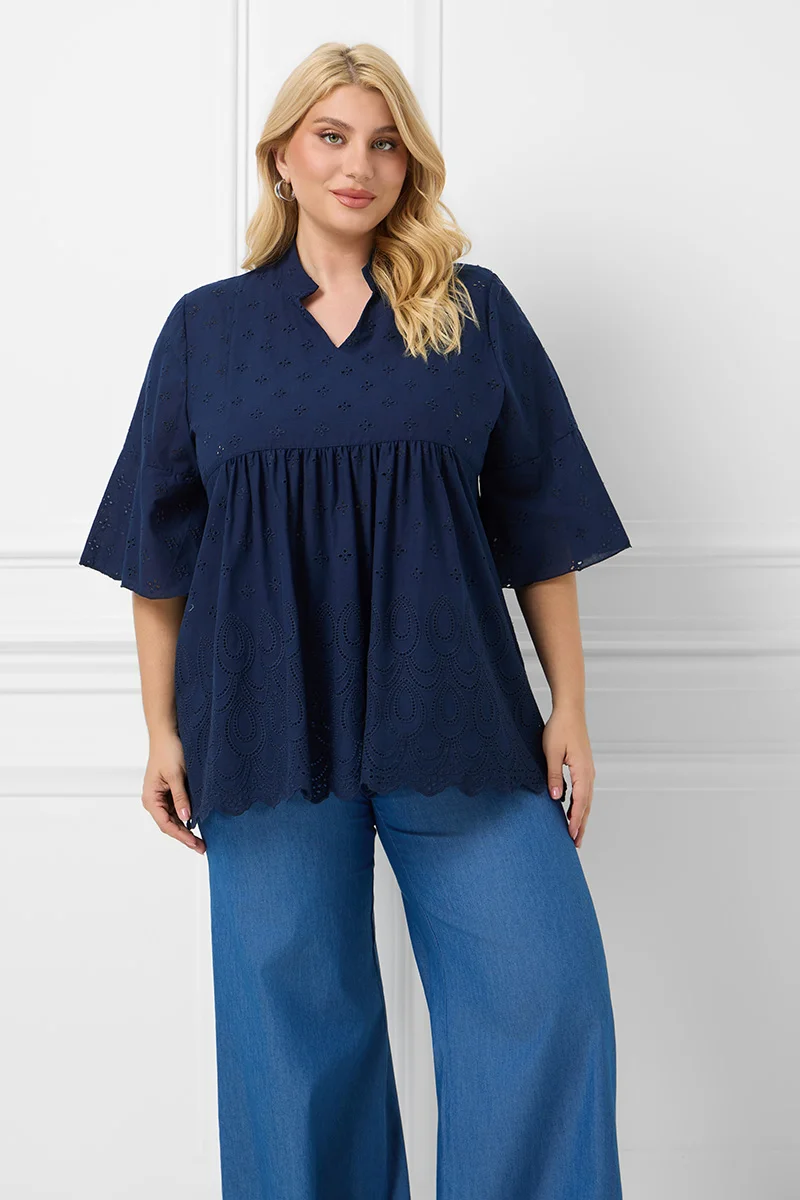 Βαμβακερή Μπλούζα Με Κέντημα Μπλε