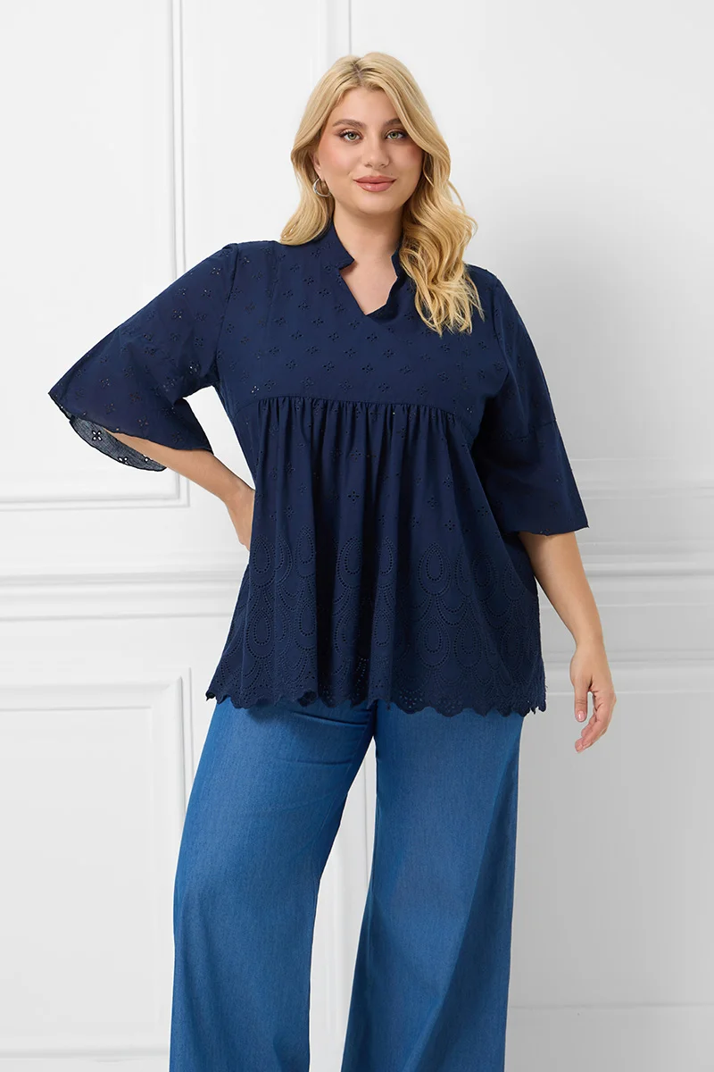 Βαμβακερή Μπλούζα Με Κέντημα Μπλε