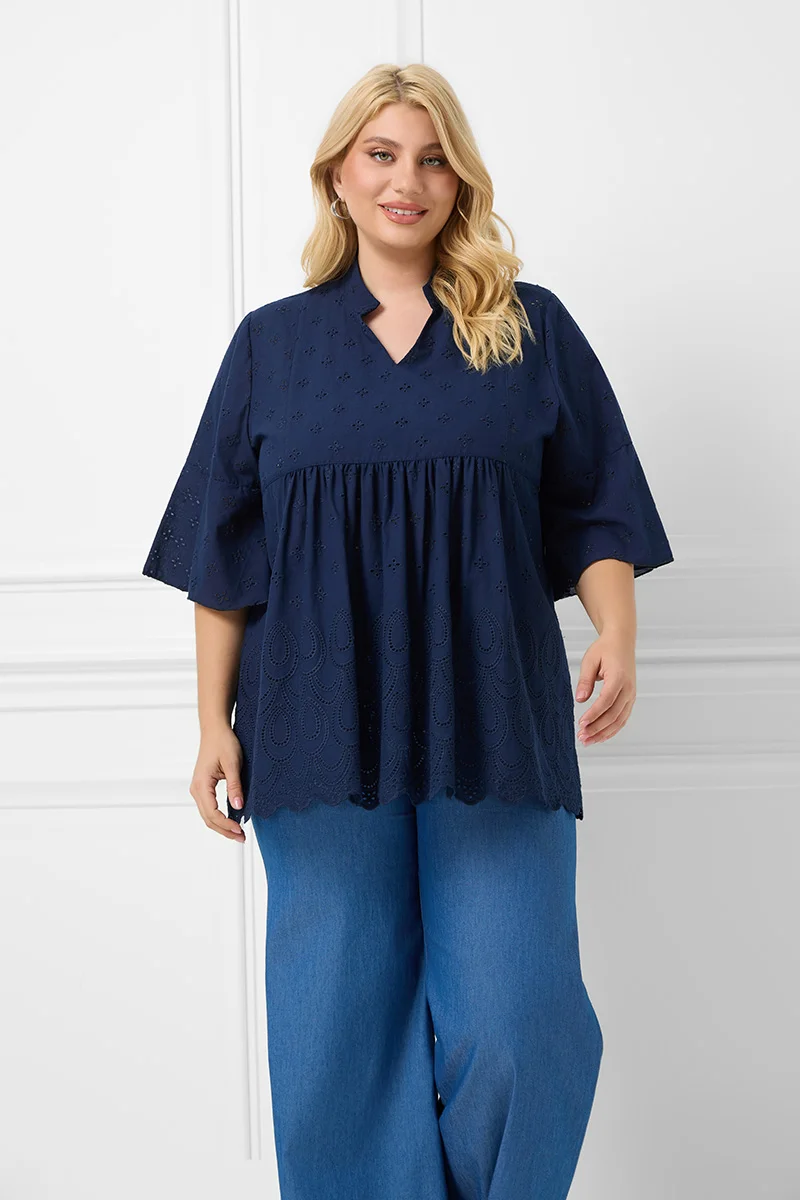 Βαμβακερή Μπλούζα Με Κέντημα Μπλε