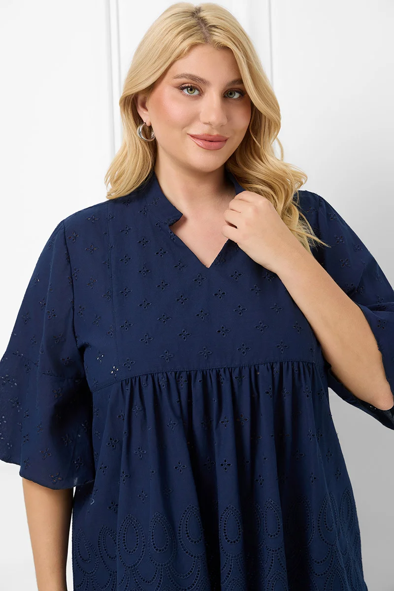 Βαμβακερή Μπλούζα Με Κέντημα Μπλε