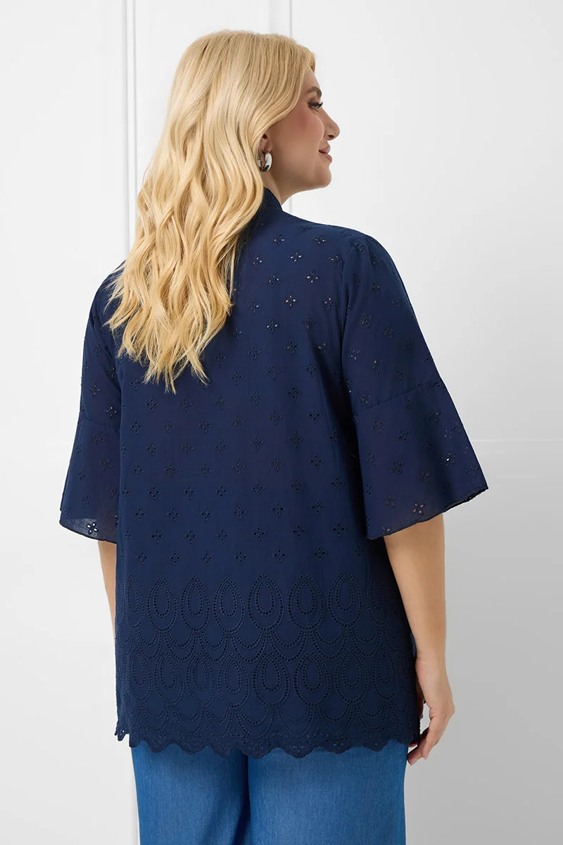 Βαμβακερή Μπλούζα Με Κέντημα Μπλε