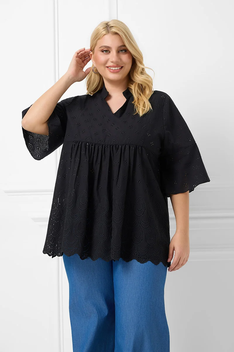 Βαμβακερή Μπλούζα Με Κέντημα Μαύρη