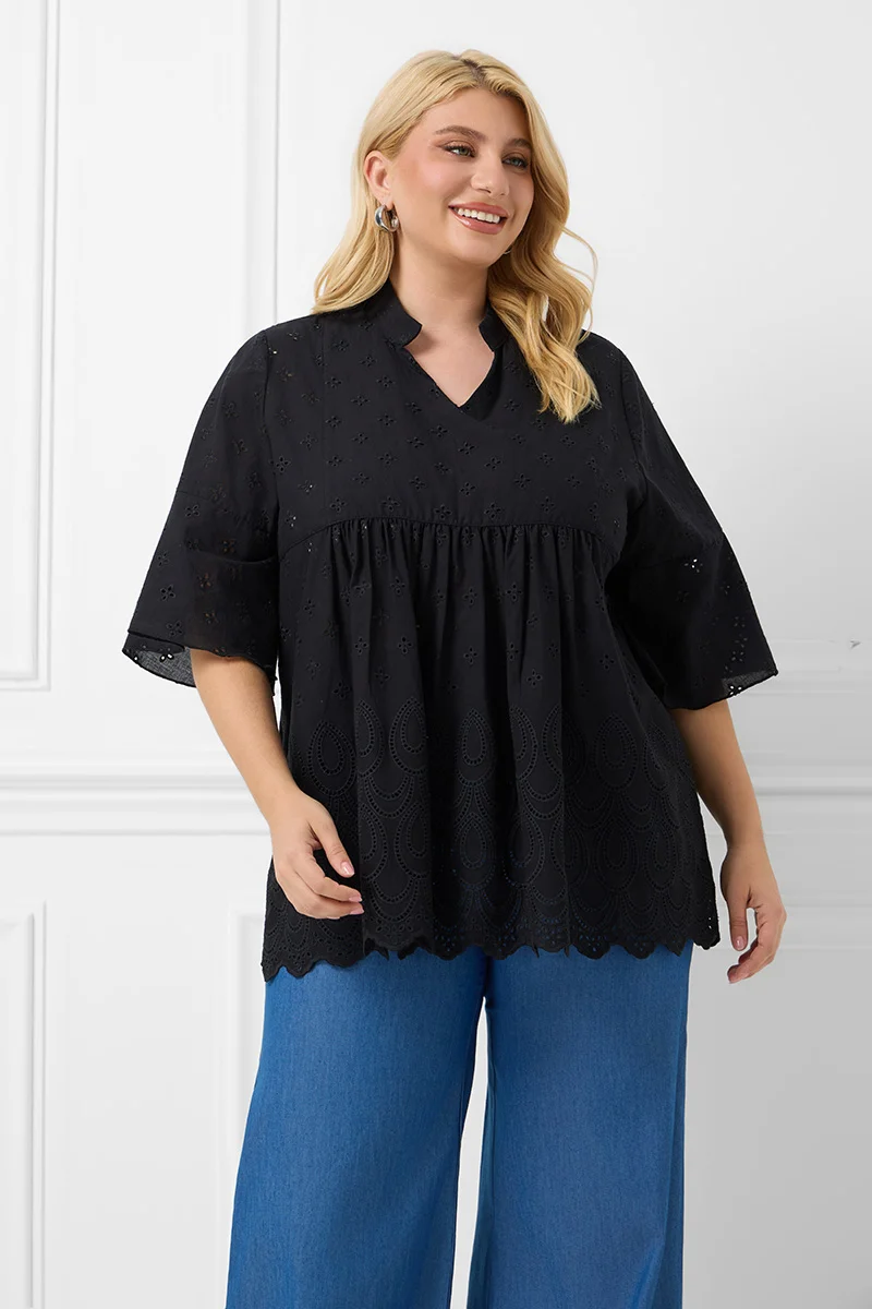 Βαμβακερή Μπλούζα Με Κέντημα Μαύρη