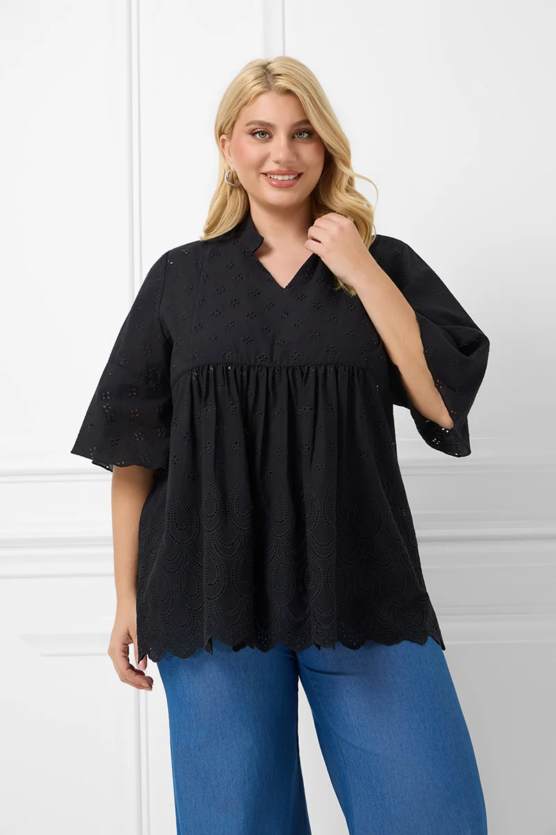 Βαμβακερή Μπλούζα Με Κέντημα Μαύρη