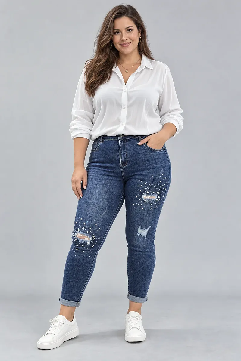 Plus Size Ψηλόμεσο Τζιν Με Πέρλες Και Στράς 