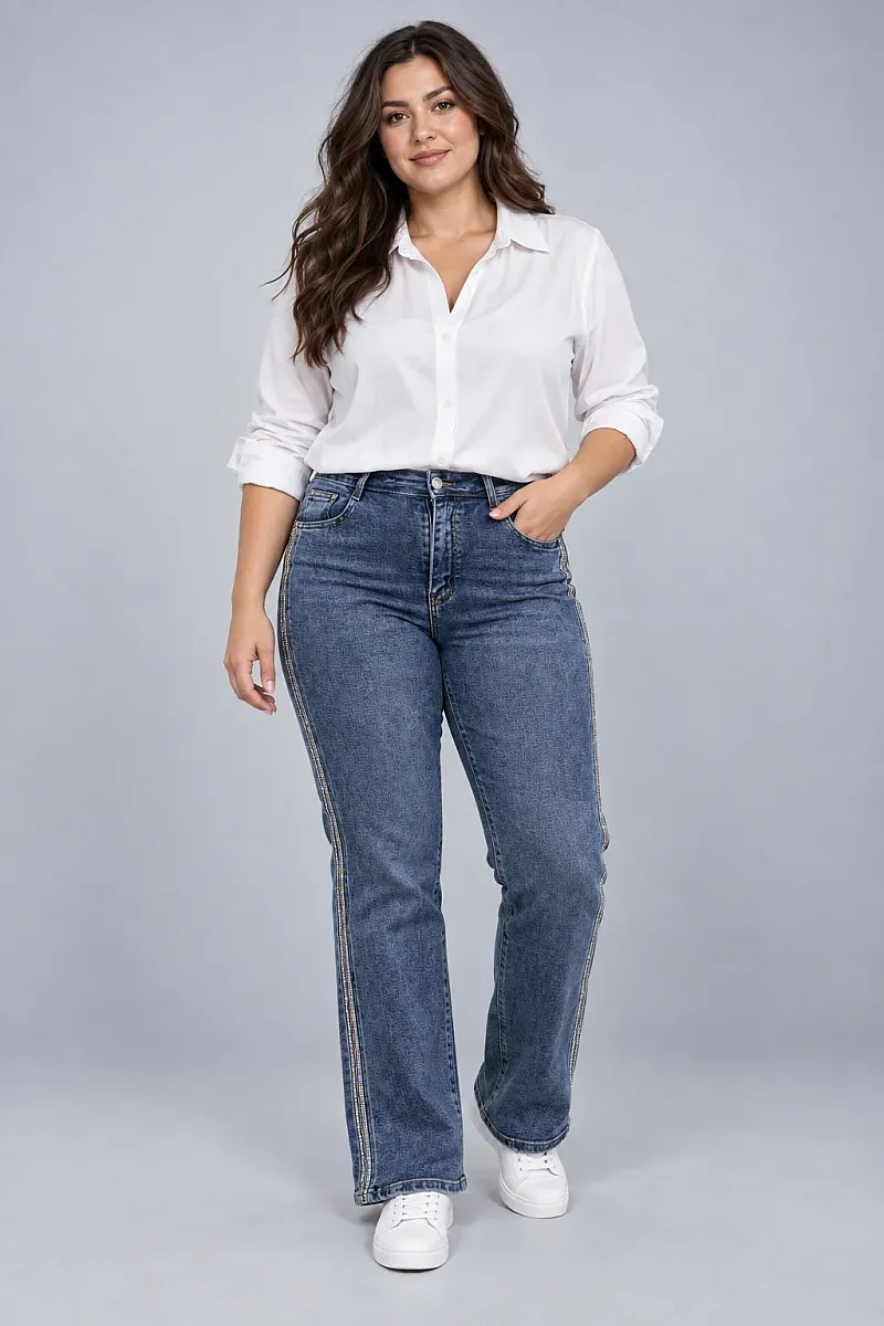 Μπλε  Plus Size Τζιν με Πλαϊνή Τρέσα Στρας