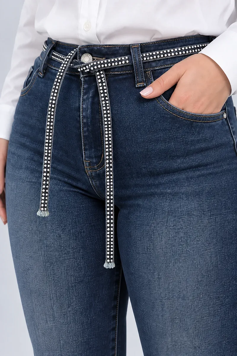 Ελστικό Plus Size Τζιν Με Ζώνη Με Στράς 