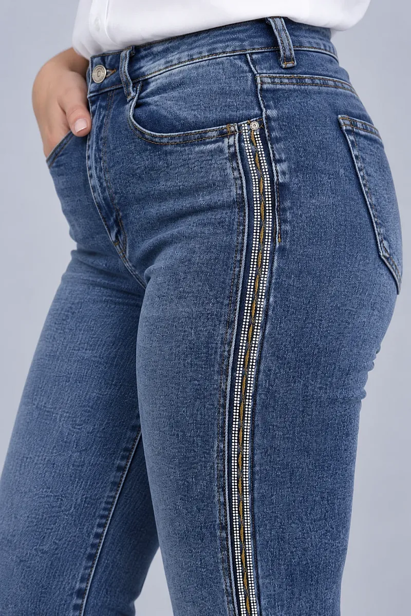 Μπλε  Plus Size Τζιν με Πλαϊνή Τρέσα Στρας