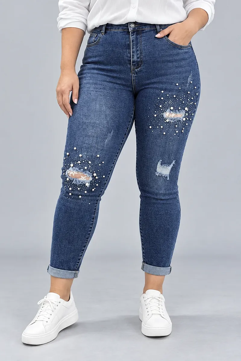 Plus Size Ψηλόμεσο Τζιν Με Πέρλες Και Στράς 