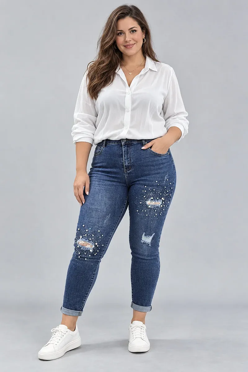 Plus Size Ψηλόμεσο Τζιν Με Πέρλες Και Στράς 