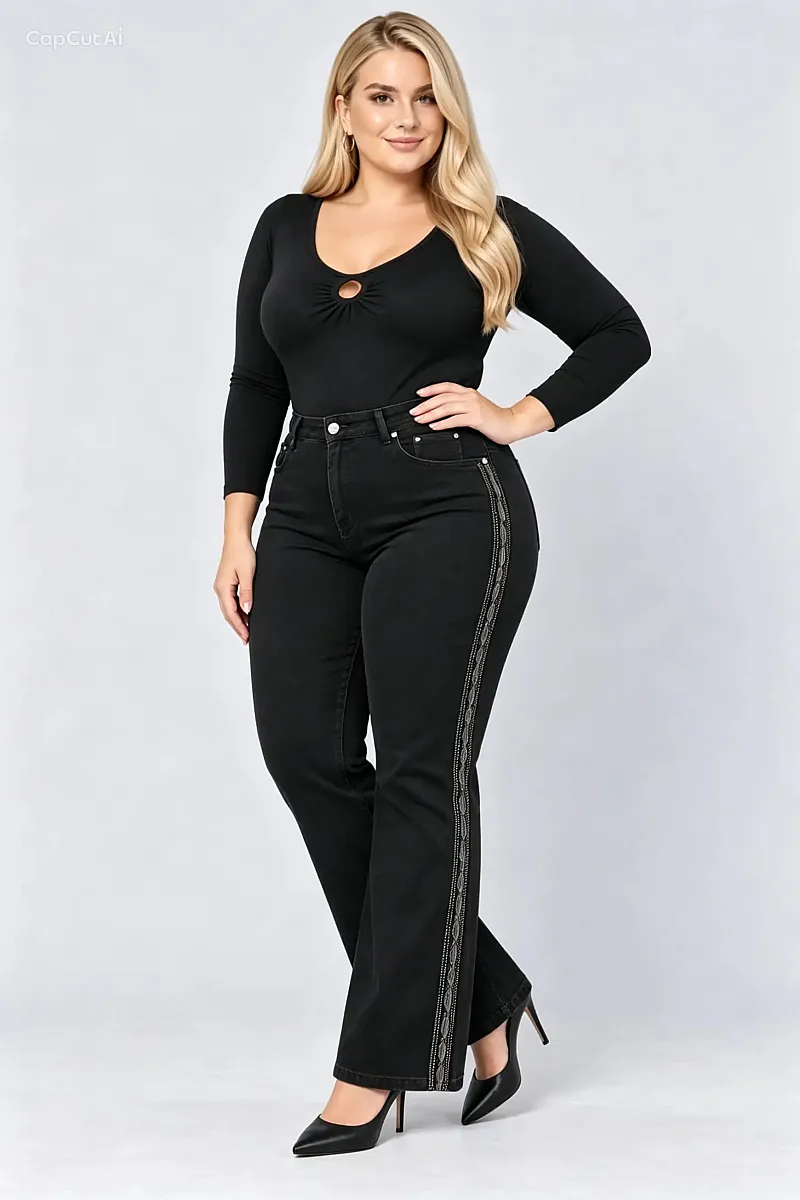 Μαύρο Plus Size Τζιν με Πλαϊνή Τρέσα Στρας