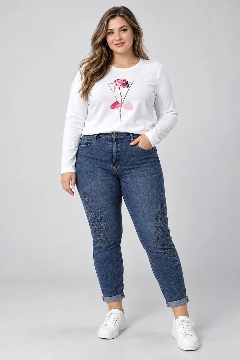 Plus Size Τζιν με Floral Κέντημα