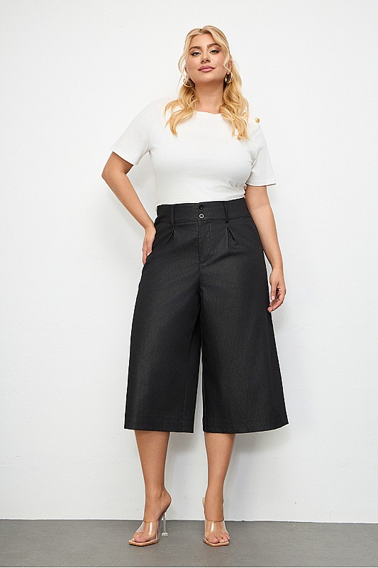 Denim Ψηλόμεσο Παντελόνι Culotte με Πιέτες 