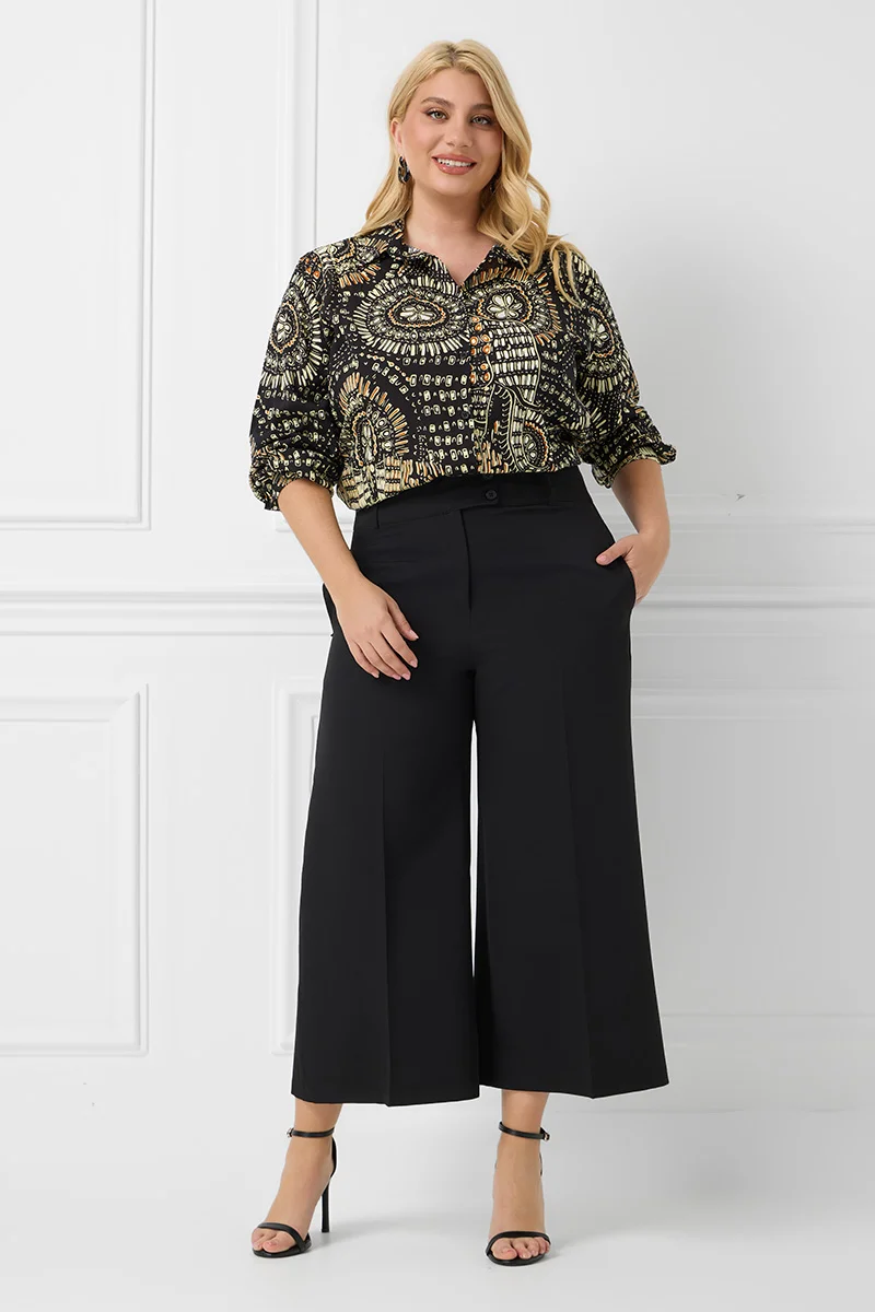 Plus Size Cropped Παντελόνι Μαύρο 
