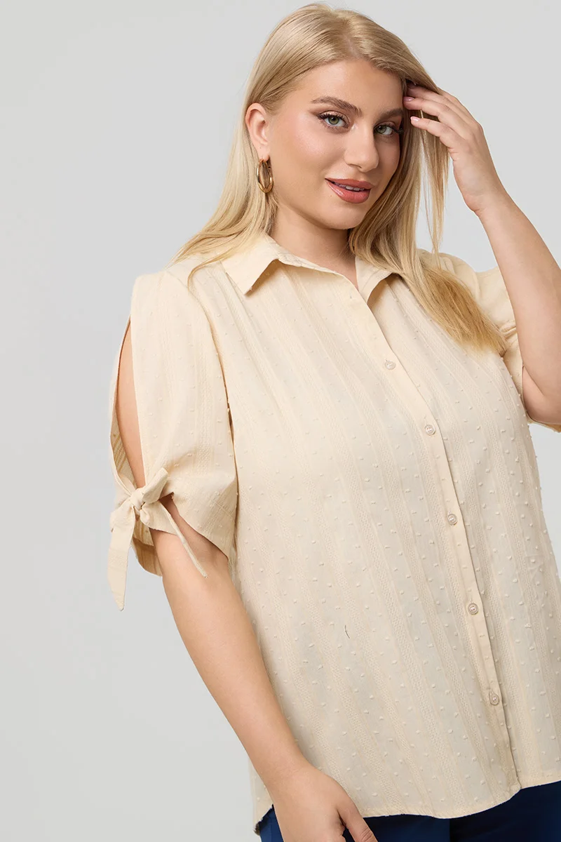 Βαμβακερό Πουκάμισο με Δέσιμο στα Μανίκια Μπεζ 