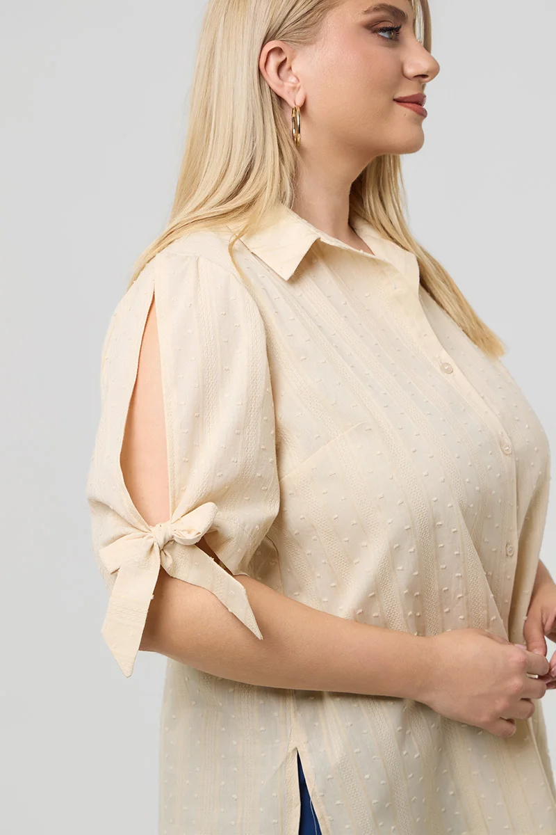 Βαμβακερό Πουκάμισο με Δέσιμο στα Μανίκια Μπεζ 