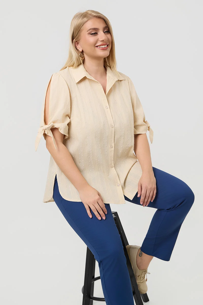 Βαμβακερό Πουκάμισο με Δέσιμο στα Μανίκια Μπεζ 