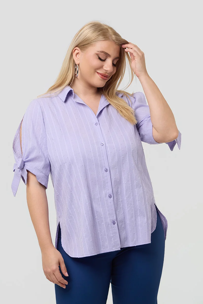 Βαμβακερό Πουκάμισο με Δέσιμο στα Μανίκια Λιλά