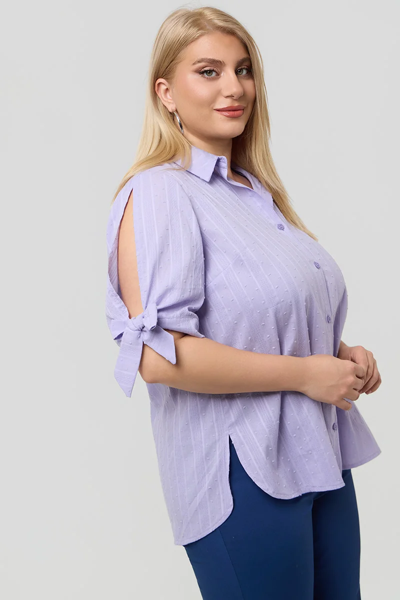 Βαμβακερό Πουκάμισο με Δέσιμο στα Μανίκια Λιλά