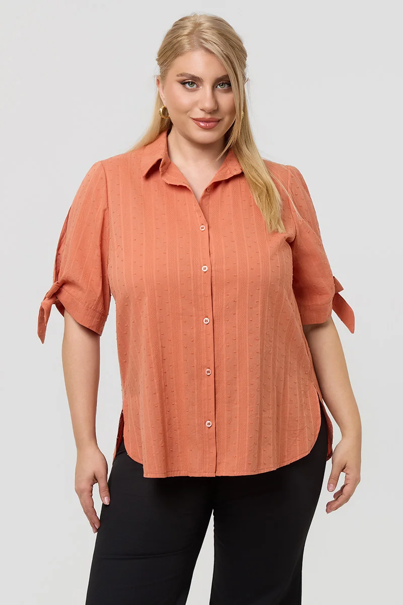 Βαμβακερό Πουκάμισο με Δέσιμο στα Μανίκια Κεραμιδί 