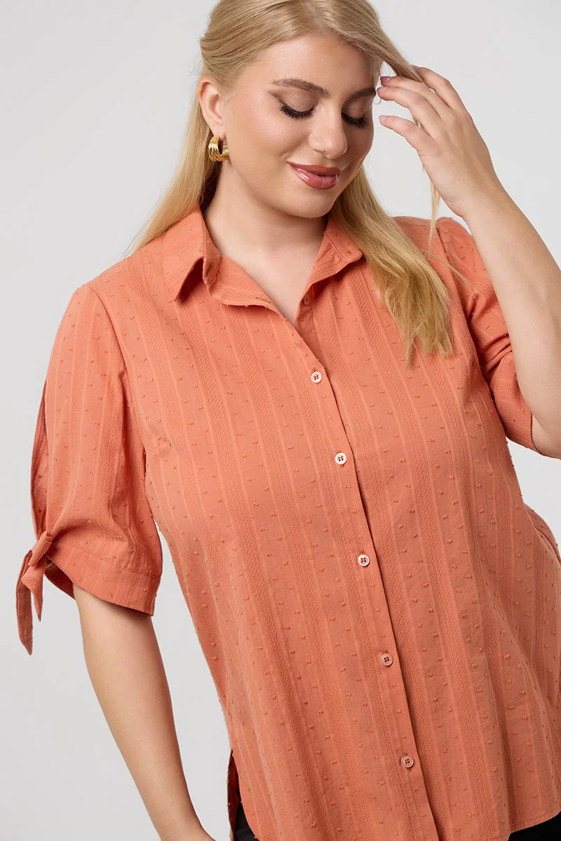 Βαμβακερό Πουκάμισο με Δέσιμο στα Μανίκια Κεραμιδί 