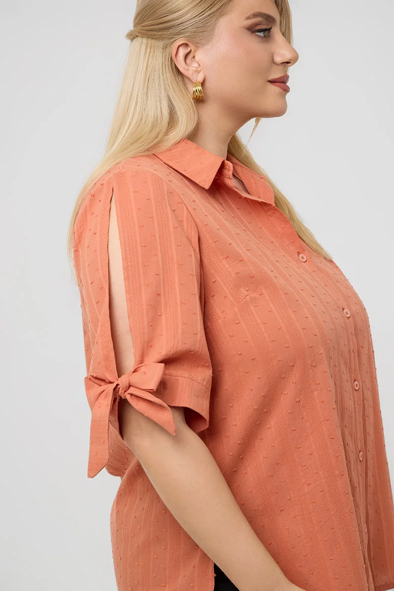 Βαμβακερό Πουκάμισο με Δέσιμο στα Μανίκια Κεραμιδί 