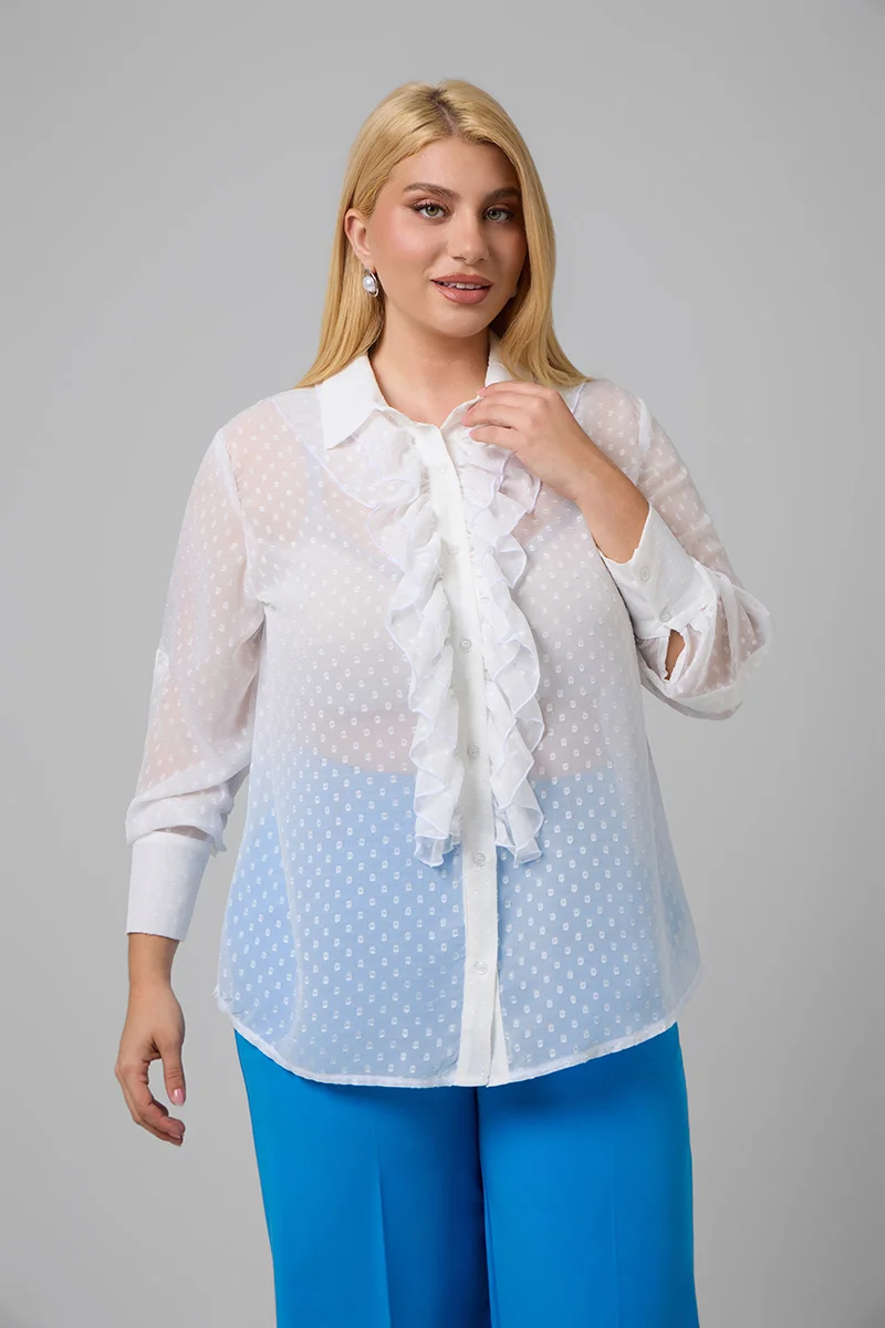 Λευκό Ημιδιάφανο Πουκάμισο με Βολάν