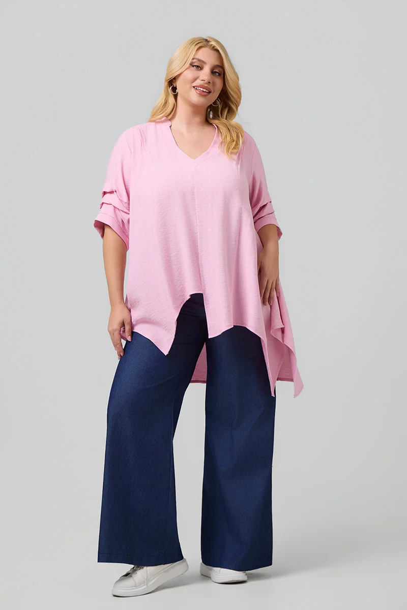 Ασύμμετρη Ροζ Πουκαμίσα Plus Size