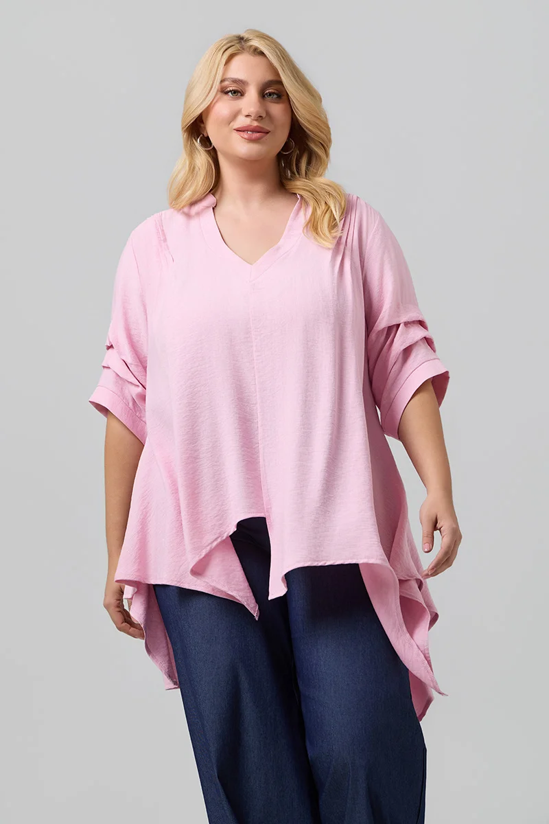 Ασύμμετρη Ροζ Πουκαμίσα Plus Size