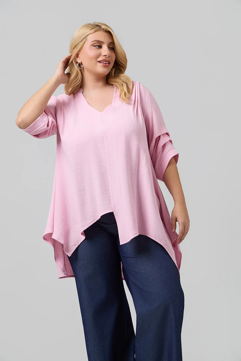Ασύμμετρη Ροζ Πουκαμίσα Plus Size