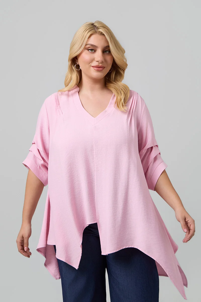 Ασύμμετρη Ροζ Πουκαμίσα Plus Size