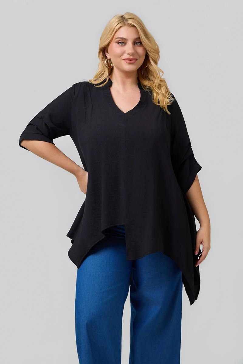 Ασύμμετρη Μαύρη Πουκαμίσα Plus Size