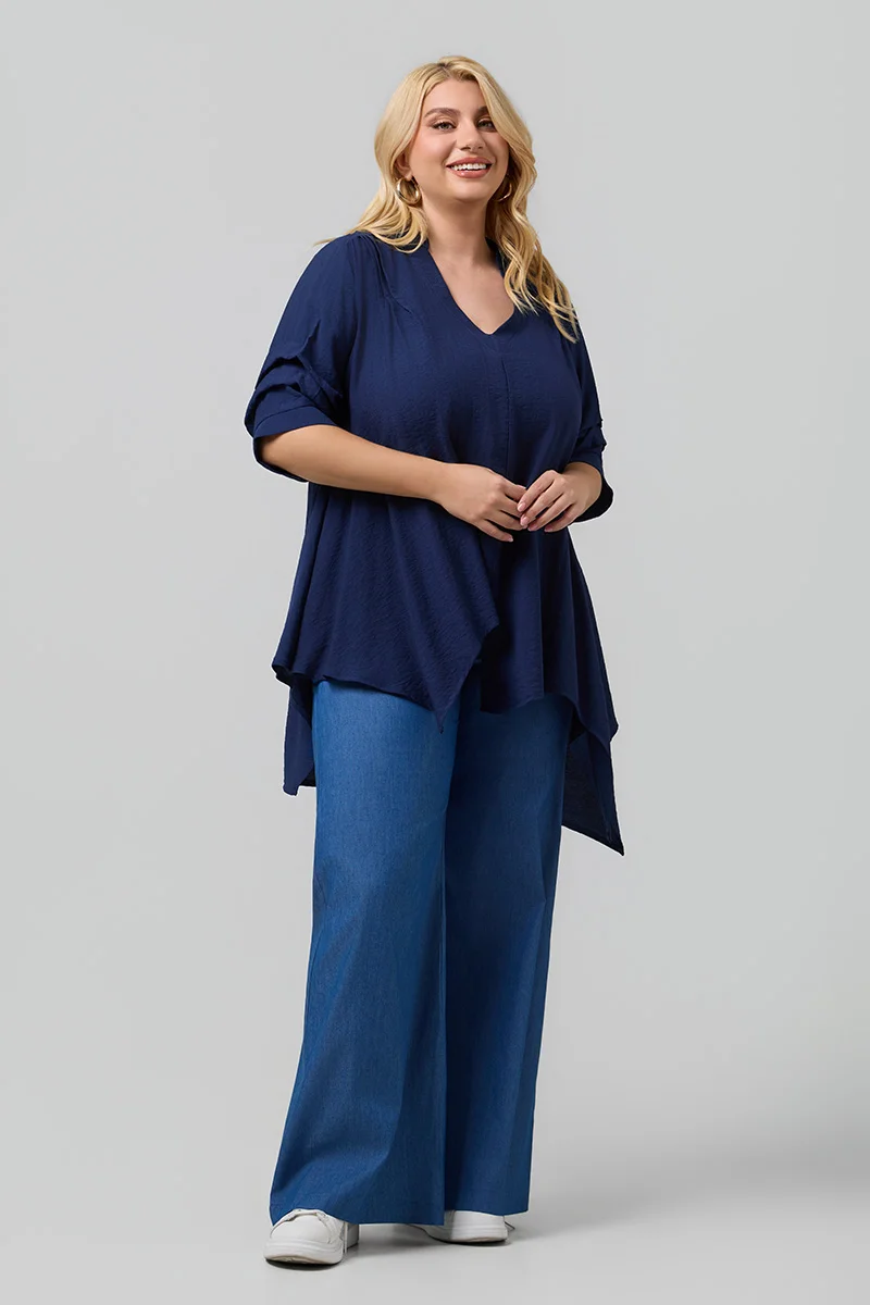 Ασύμμετρη Μπλε  Πουκαμίσα Plus Size