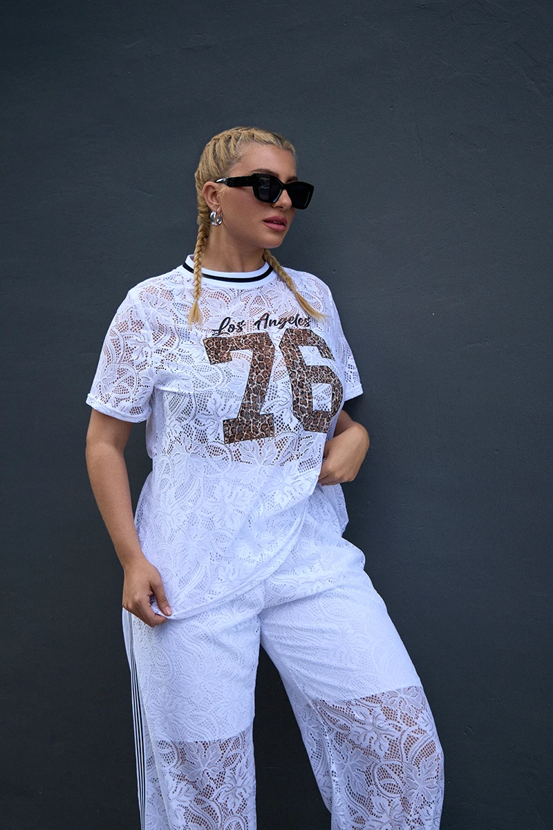Λευκό Σετ Plus Size από Ελαστική Δαντέλα