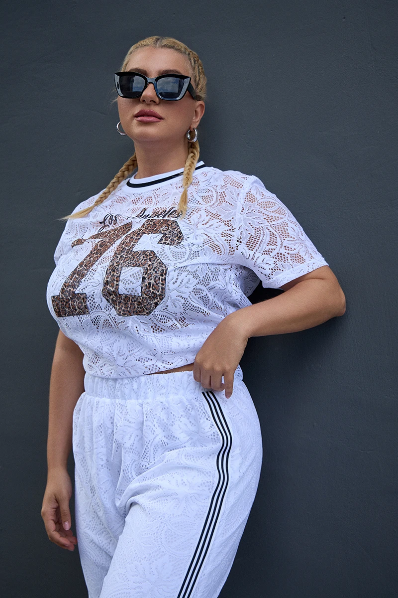 Λευκό Σετ Plus Size από Ελαστική Δαντέλα