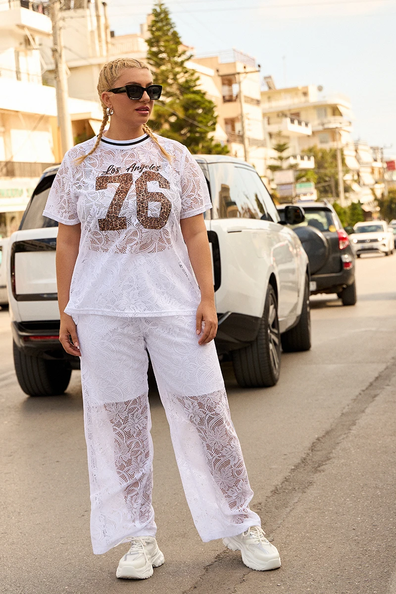 Λευκό Σετ Plus Size από Ελαστική Δαντέλα