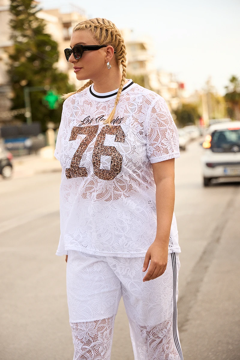Λευκό Σετ Plus Size από Ελαστική Δαντέλα