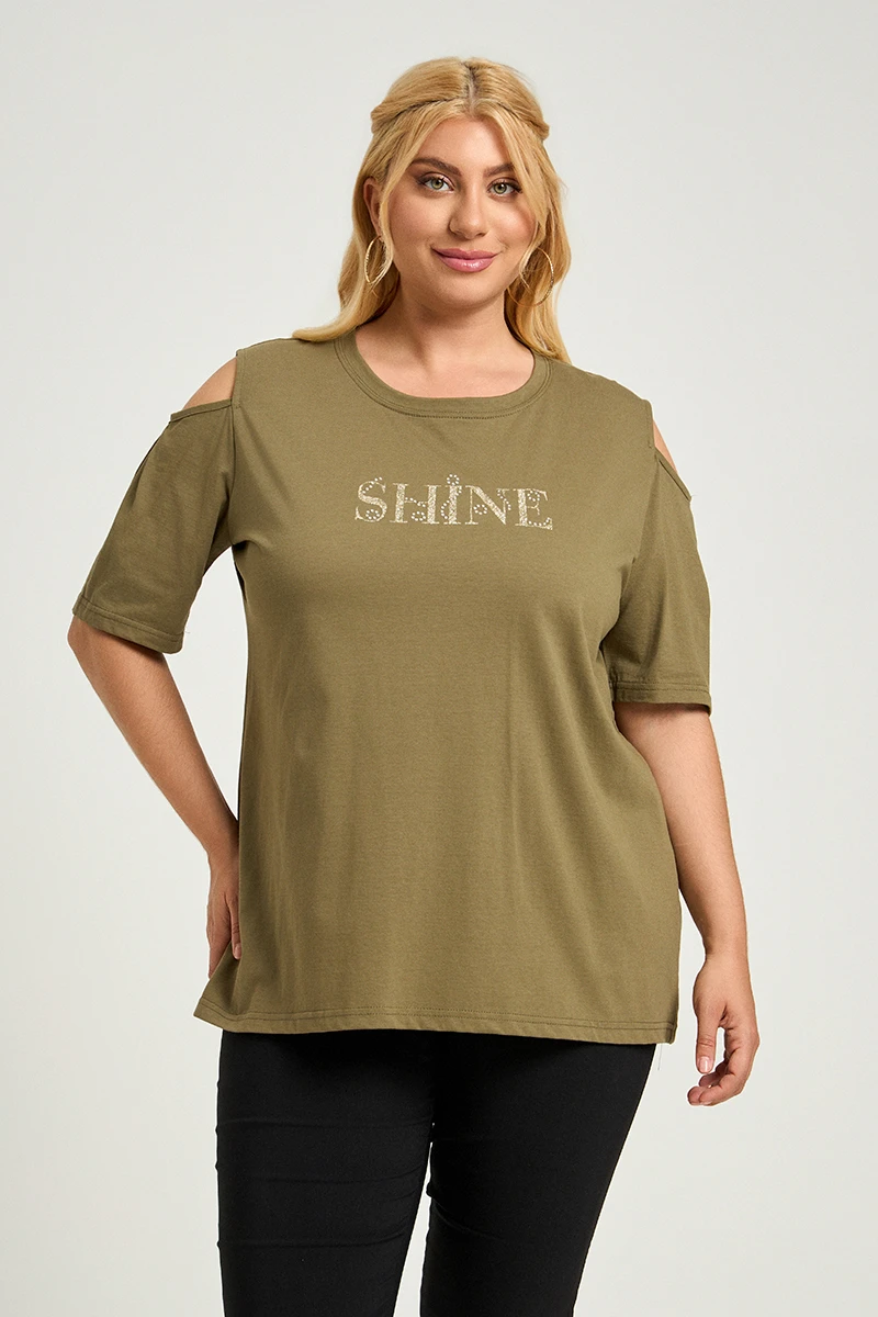 Χακί T-Shirt “Shine” με Ανοιχτούς Ώμους