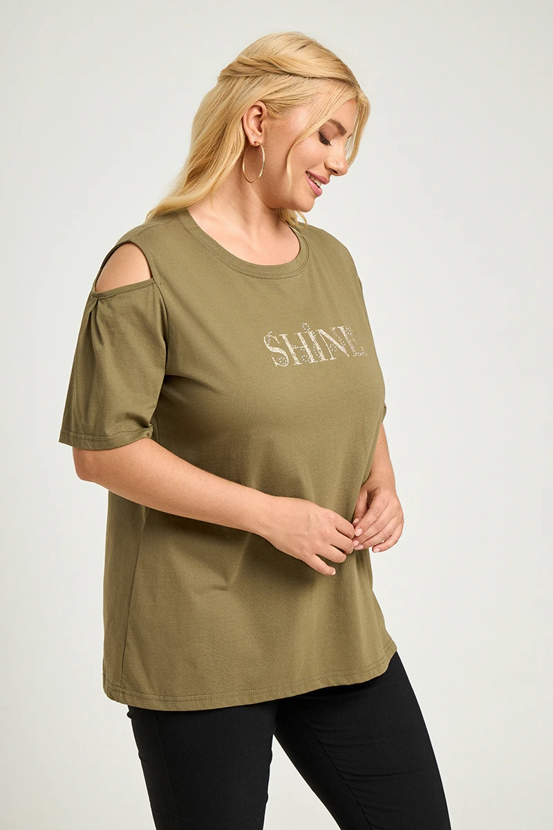 Χακί T-Shirt “Shine” με Ανοιχτούς Ώμους