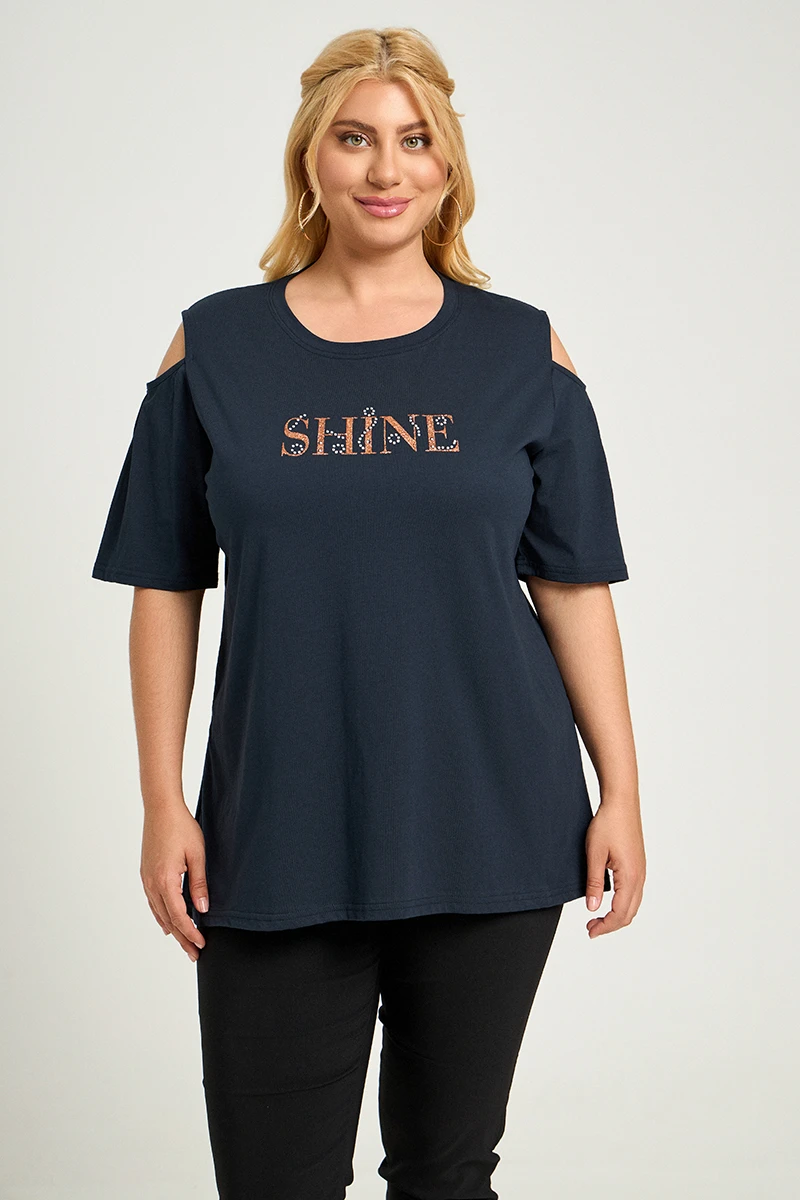 Blue Navy T-Shirt “Shine” με Ανοιχτούς Ώμους
